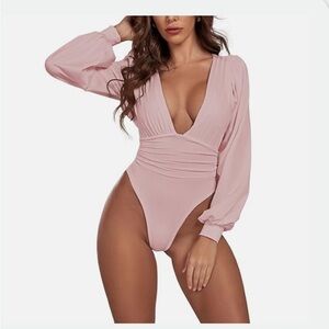Women's Plunging V Neck Ruched Pleated Long Sleeve Top Leotard Bodysuit